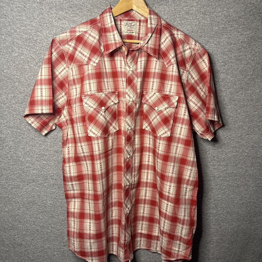 Lucky Brand Western Pearl Snap Mens 2XL Red Plaid Short Sleeve Cowboy Shirt